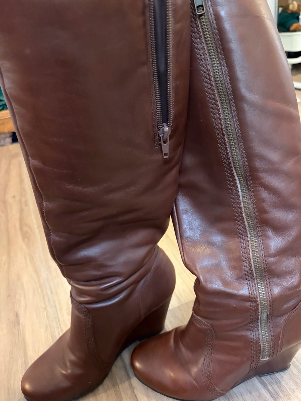 Women’s Brown Leather Wedge Knee-High Boots